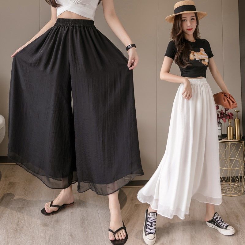 Plus Size Chiffon Straight Wide Leg Ankle-Length Pants Women Loose Clothing High Waisted Casual Dance Trousers Thin Solid Summer