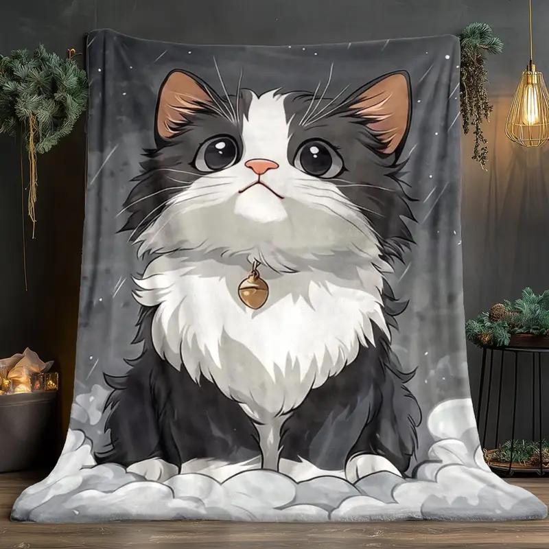 Cat Portrait Flannel Blanket - Lightweight, Soft and Warm for Sofa, Travel, Bed and Office, Christmas and Halloween
