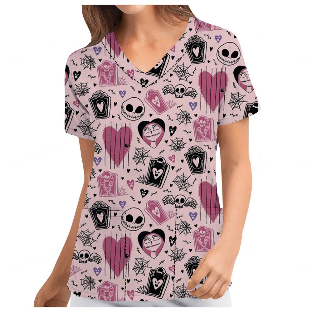 Men's Women's Summer Short Sleeve V Neck Nursing Work Clothes Disney Print Halloween Mary Cat Ophthalmology Work Uniform