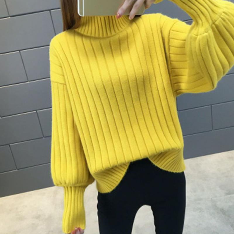 Women Solid Color Lantern Sleeve Half High Neck Sweater Loose Knitting Sweater Women's Knitting Bottoming Sweater Autumn and Winter