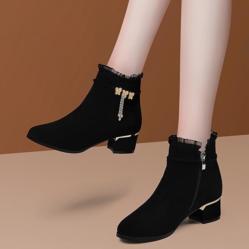 Women's Rhinestone Elegant Round-Toe Lace Trim Shoes
