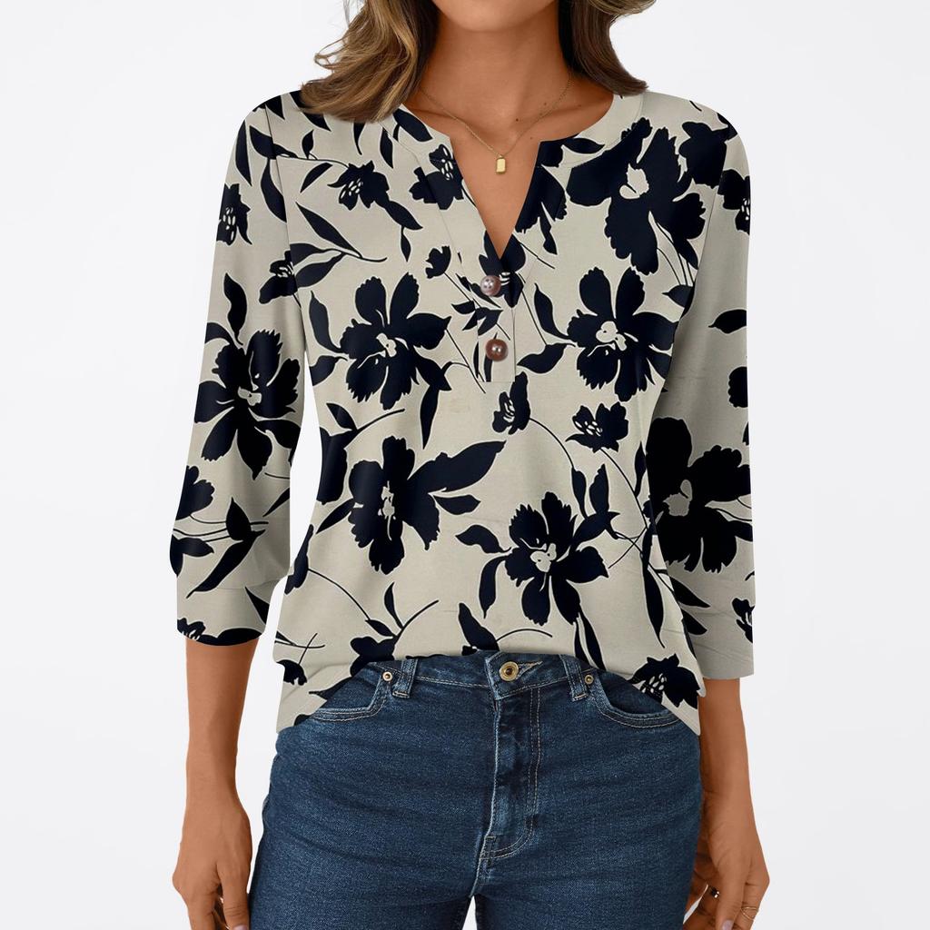 Женская модная повседневная футболка с рукавом 3/4, с принтами, V-образным вырезом и пуговицами