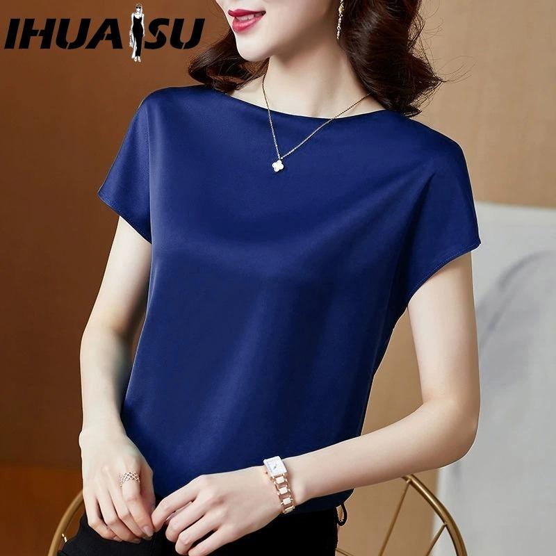 IHUASU Женские модные повседневные однотонные блузки и рубашки с коротким рукавом и круглым вырезом с принтом