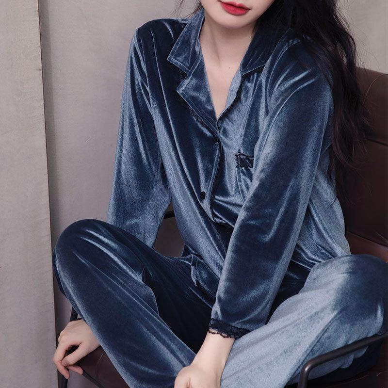 Новый стиль, золотая бархатная пижама для осенне-зимнего женского костюма из двух частей с длинными рукавами