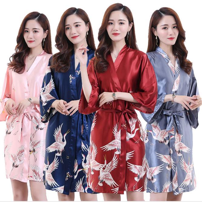 Очень большой шелковый халат-кимоно с принтом журавлей - Большой размер для невесты и домашней одежды