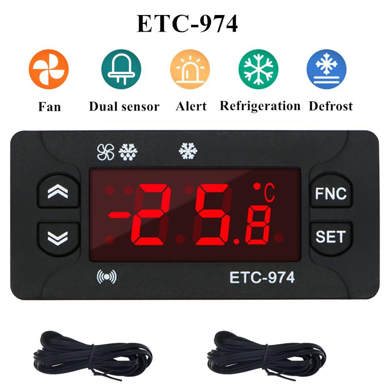 ETC-974 Temperature Controller Refrigerator Defrosting Heating Control Thermoregulator with Dual NTC Sensor 220V 2