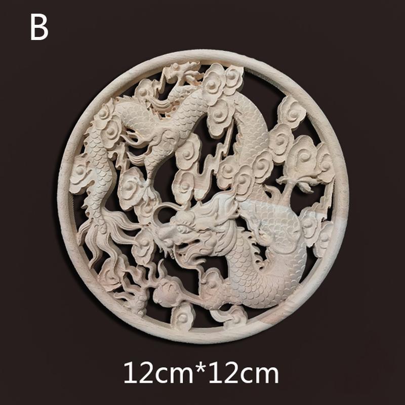 Round Chinese Dragon Wood Carving Applique Antique Onlays Mouldings Wood Figurines for Furniture Decoration Vintage Decor Floral