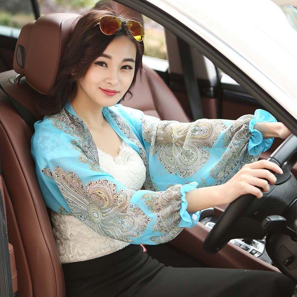 Anti-UV Summer Outdoor Riding Women Floral Fashion Chiffon Arm Sleeve Shawl Sun Sleeve
