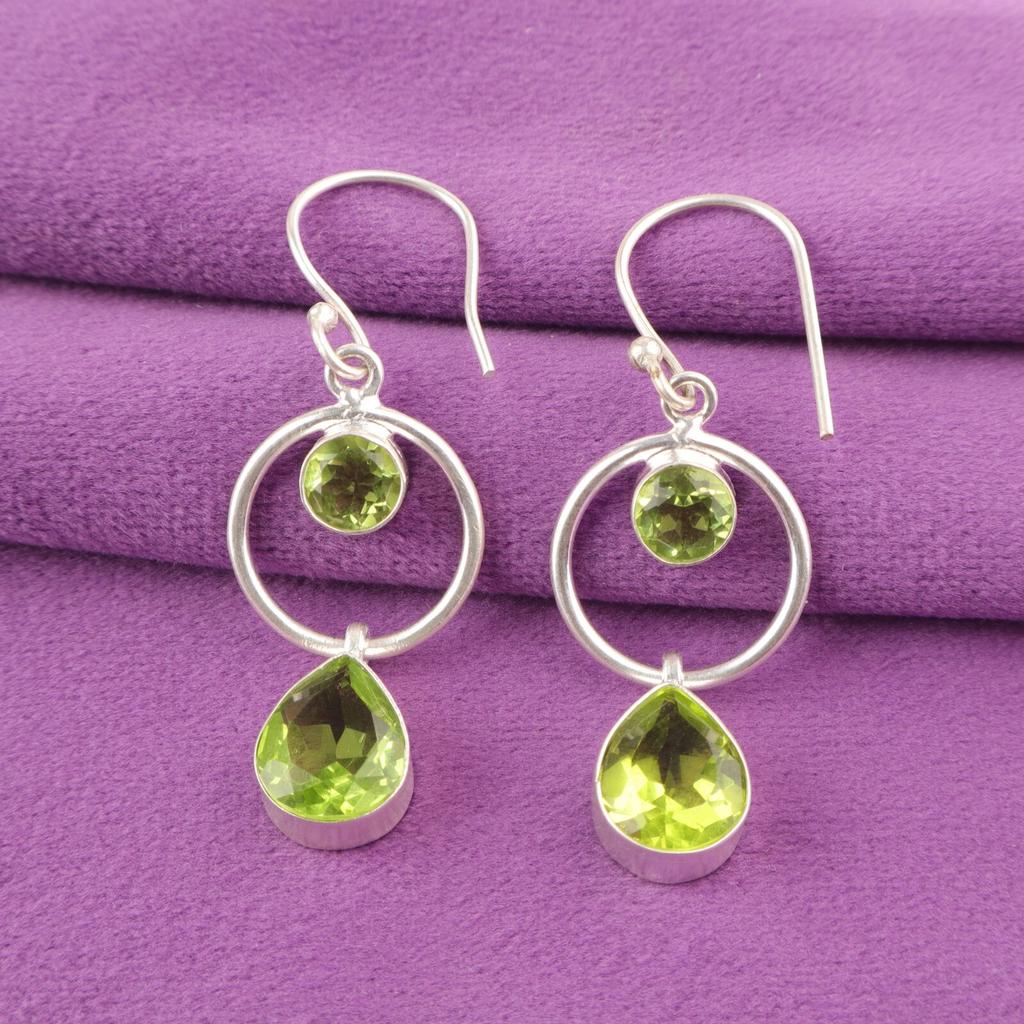 August Peridot Gemstone 925 Sterling Silver Sisters Day Dangling Hook Earrings EE-140-17
