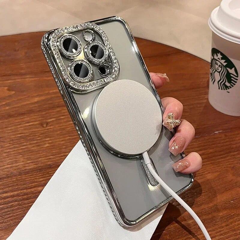 Новый модный блестящий чехол со стразами для iPhone 15 11 12 13 14 Pro Max Plus Magsafe, магнитный, с беспроводной зарядкой, прозрачный блестящий чехол