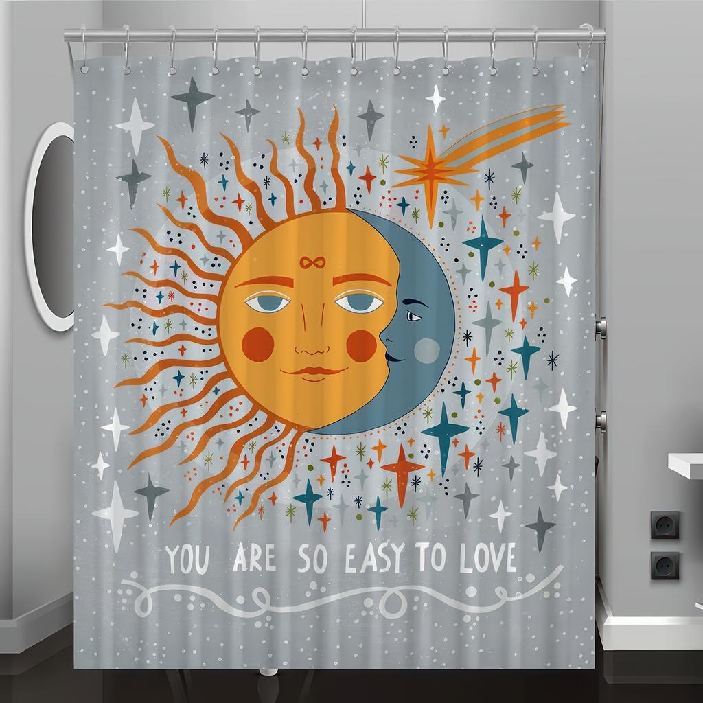 Sun & Moon Fashion Art Digital Print Shower Curtain – Reversible Polyester with Hooks for All-Season Bathroom Decor