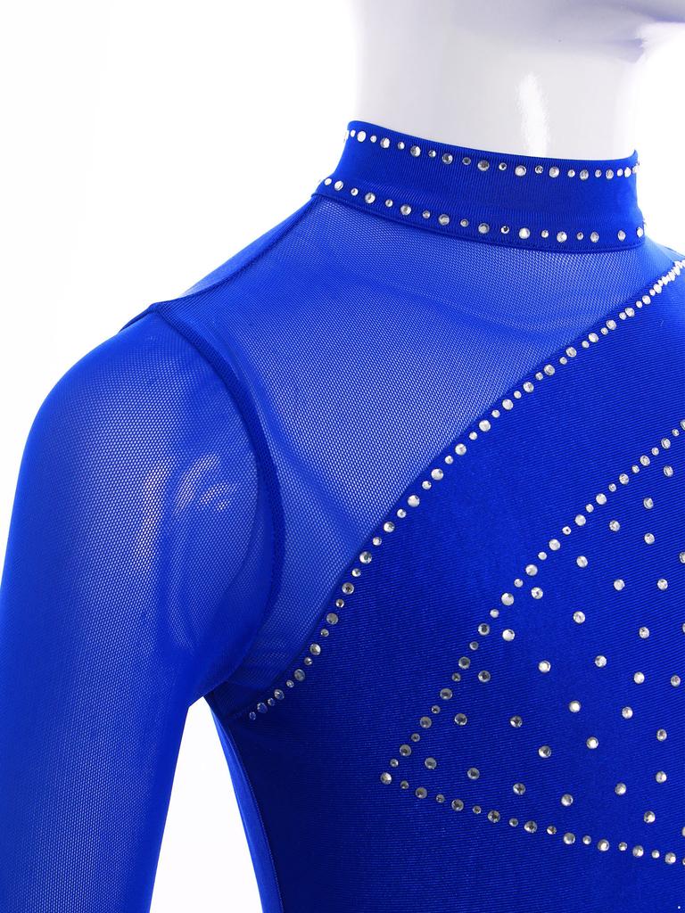 Girls Sheer Mesh Long Sleeve Leotard Cutout Back Sparkly Rhinestone Gymnastics Figure Skating Costume