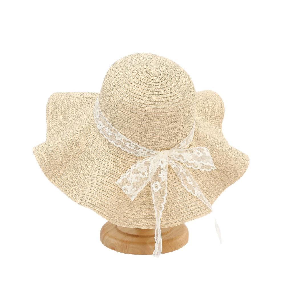 Милая уличная шляпа от солнца Женская отпускная пляжная шляпа-рыбак Кружевная лента Волнистый край Соломенная шляпа