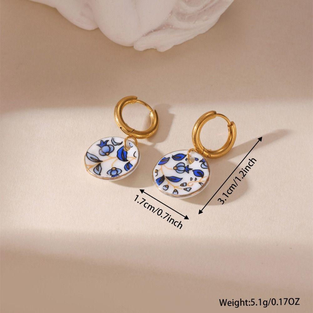 Chinese Style Blue and White Porcelain Earrings Dripping Oil Gold Enamel Hoop Earrings  Women