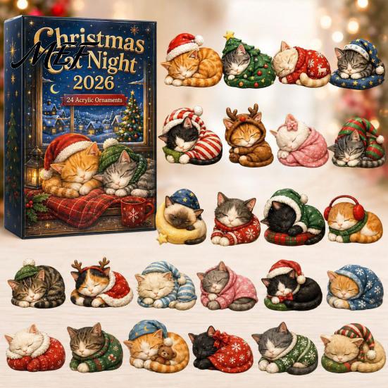 Festive Room Decor Christmas Cat Advent Calendar, 24 Day Countdown with Cute Ornaments, 2D Acrylic Kitty Holiday Decorations, Gift for