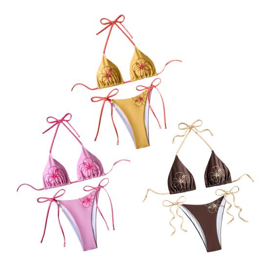 2Pcs/Set Women Bikini Set Adjustable Halter Strap Bikini Bra Bow Tie Swimming Briefs Set Summer Vacation Party Swimwear