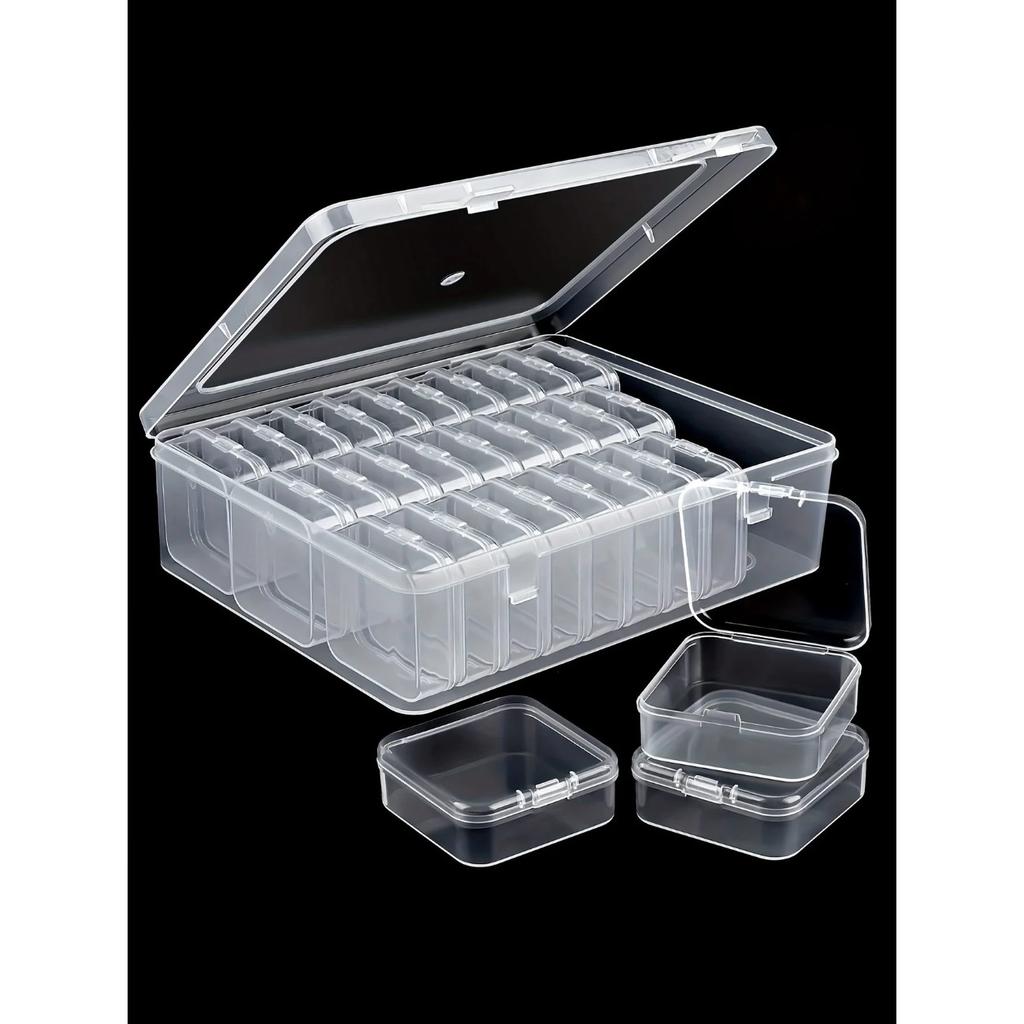 1 набор из 30 прозрачных пластиковых коробок для хранения, мини, с маленькими ячейками, с крышкой, квадратные, для украшений, жемчуга и разных мелочей, с разделителями