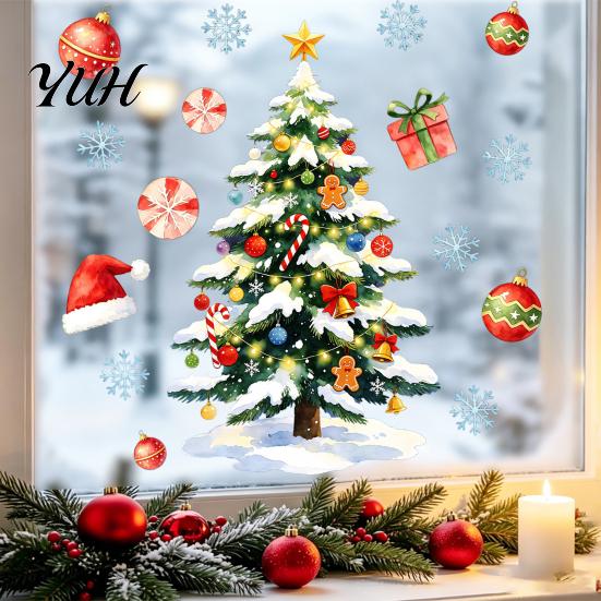 Holiday Gift for Friends Watercolor Christmas Static Sticker, Santa Claus/Deer/Christmas Tree/Cake Pattern Print, Waterproof Window Film Thickened PVC