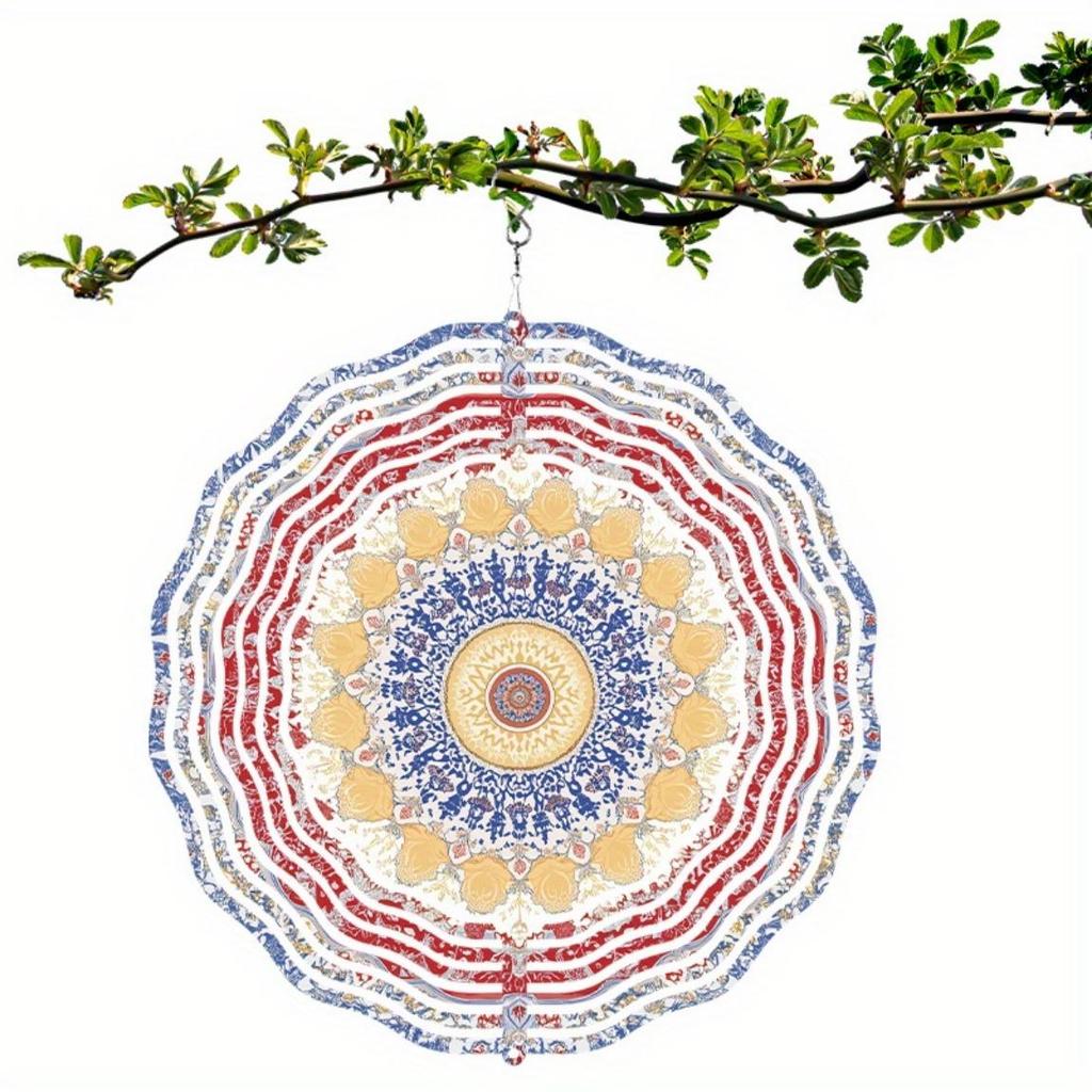 Bohemian Style 10 Inch Hanging Wind Spinner Vibrant Blue Red Yellow Floral Pattern Metal Art Chime for Balcony Patio Garden Decor All Season Gift