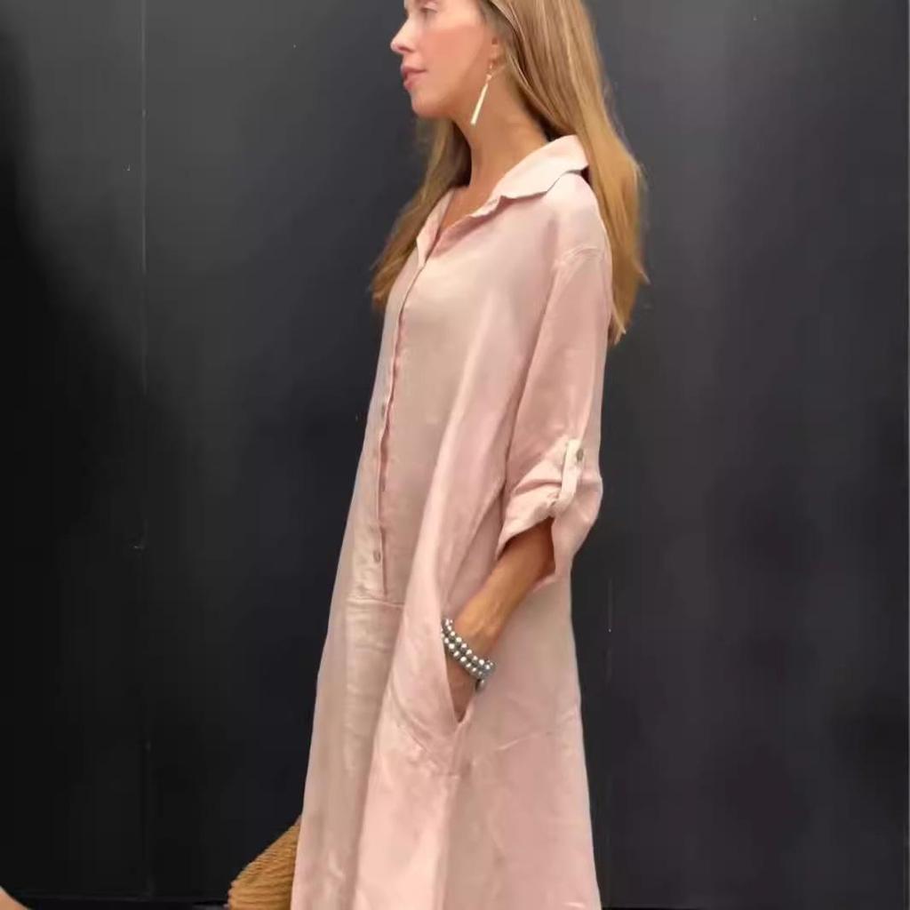 Летнее повседневное женское платье большого размера из хлопка и льна с карманами и воротником-рубашкой