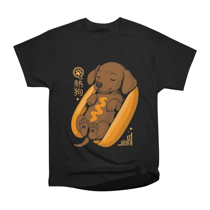 Men Casual Shirts Short Sleeves HOT DOG Black Tees Oversized T-shirts