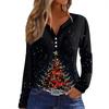 Женская футболка с рождественским принтом на пуговицах с длинным рукавом, повседневная, выходного дня, модная, базовая, с V-образным вырезом, обычная