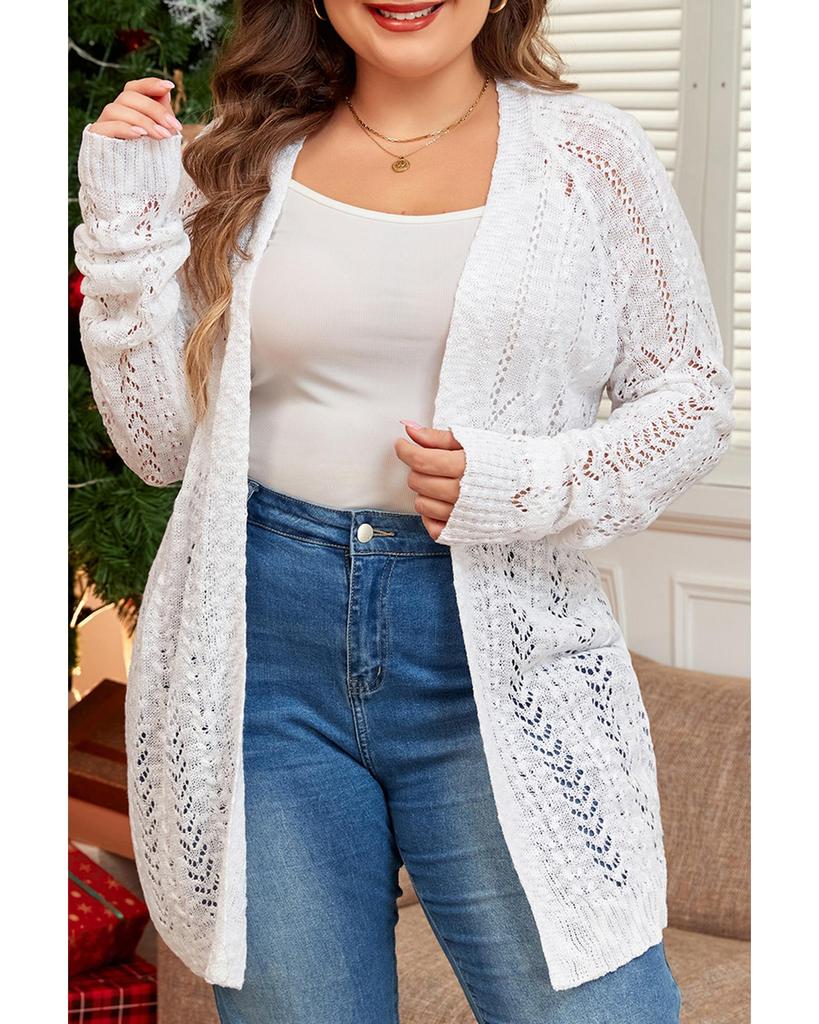 Azura Exchange White Plus Size Eyelet Knit Open Front Cardigan