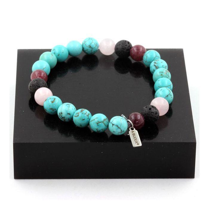 Stones and Minerals. Turquoise + Lepidolite + Lava + Rose Quartz 8 Mm Pearl Bracelet. Made In France.