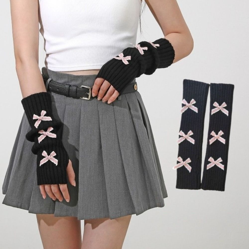 Y2K Bow Fingerless Gloves Thicken Hands Free Gloves Fashion Long Knit Arm Warmers Autumn