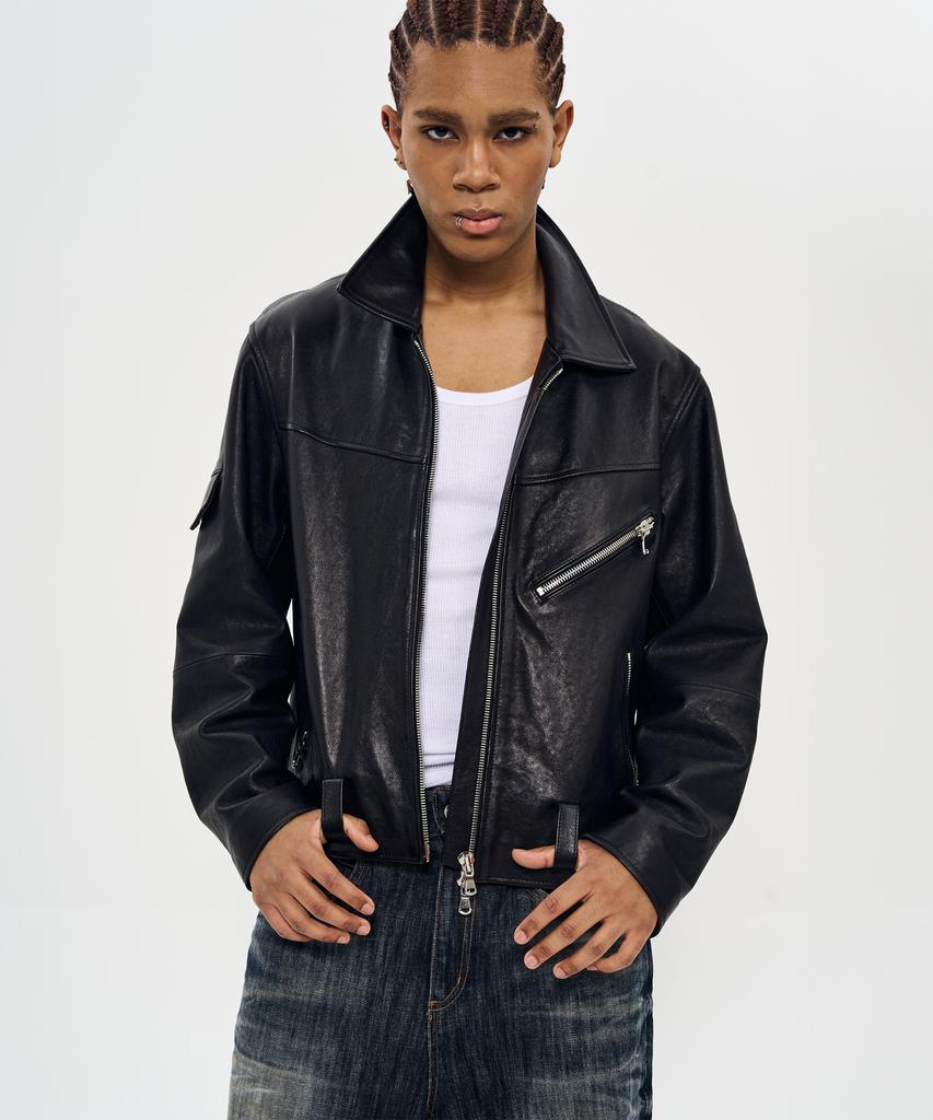 Worlddilema Cow Leather Biker Jacket (Black)