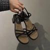 French Fashionable Women's Shoes 2024 Summer New Daily Versatile One Line with Round Toe Style Sandals with Comfortable Mid Heel
