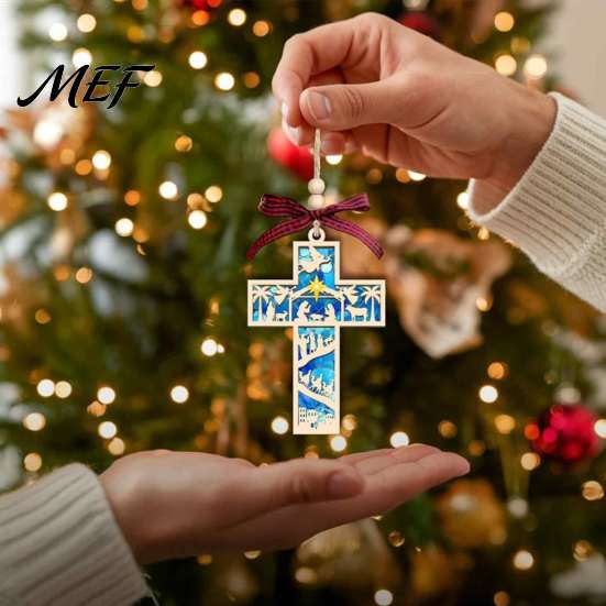 Plaid Bow Xmas Ornament Christmas Wooden Hollowed Pendant, Cross/Christmas Tree Hanging Ornament, Decorative Book Decoration Decor Craft for