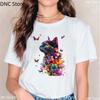 Новая женская футболка Смешная футболка с акварельным принтом бабочки и кошки, с принтом животного, Модная летняя женская футболка для девочек, Белый топ с коротким рукавом