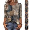 Ayollar uchun moda vintage 3/4 yengli top, ayollar kundalik uch chorak yengli dumaloq yoqali bosmali futbolka bluzka