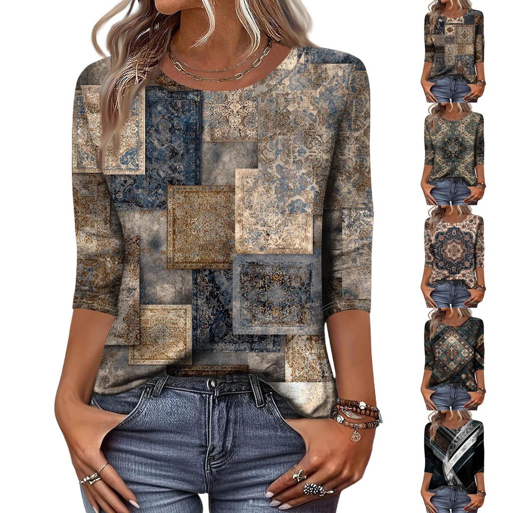 Trendy Vintage 3/4 Sleeve Top For Women,Ladies Casual Three Quarter Sleeve Round Collar Printed T-Shirt Blouse