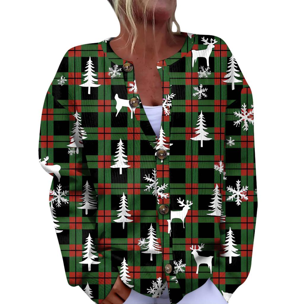 Women's Fashion Christmas Printed Long Sleeve Knitted Cardigan Button Down Jacket