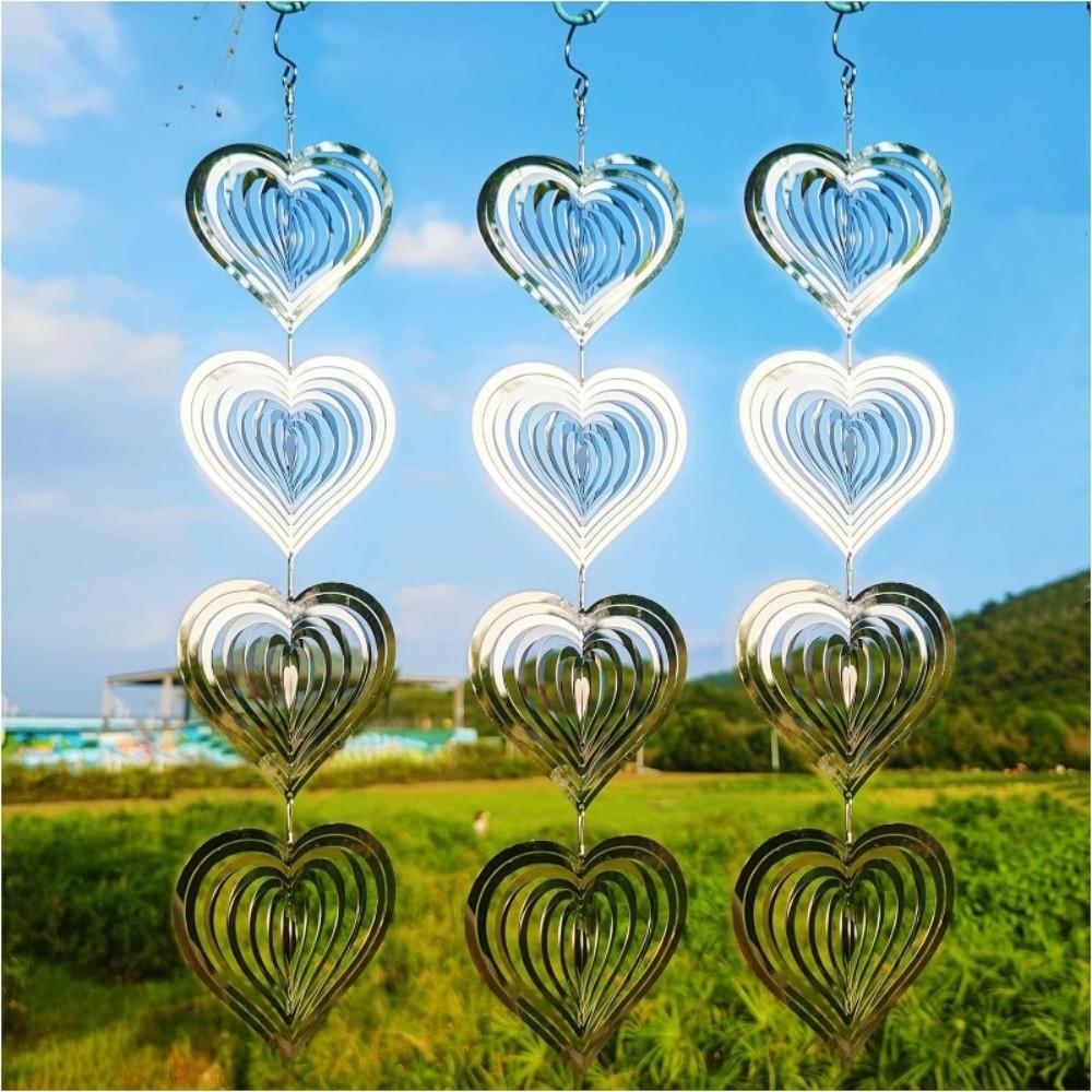 Reflective Surface 3D Metal Heart Rotatable Design Wind Spinner Heart Wind Chime Indoor Decor