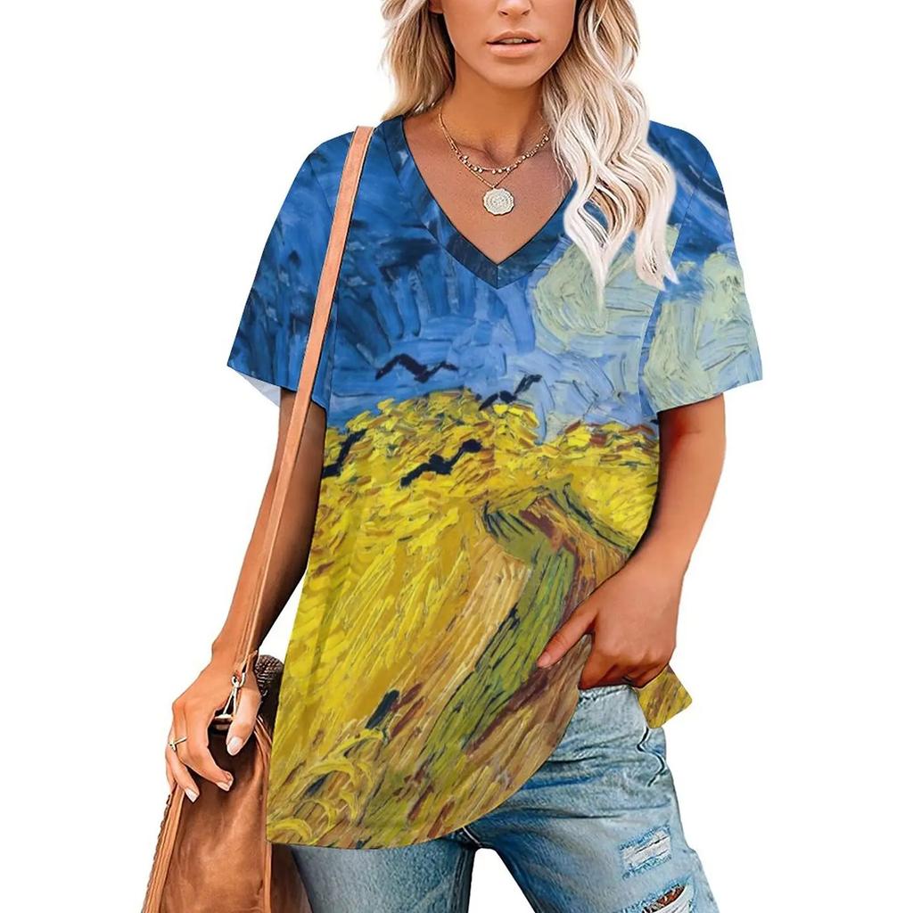 Van Gogh T-Shirts Oil Painting 3D Print Women Short Sleeve T Shirt V-Neck Streetwear Oversized Harajuku Female Tees Top Clothing