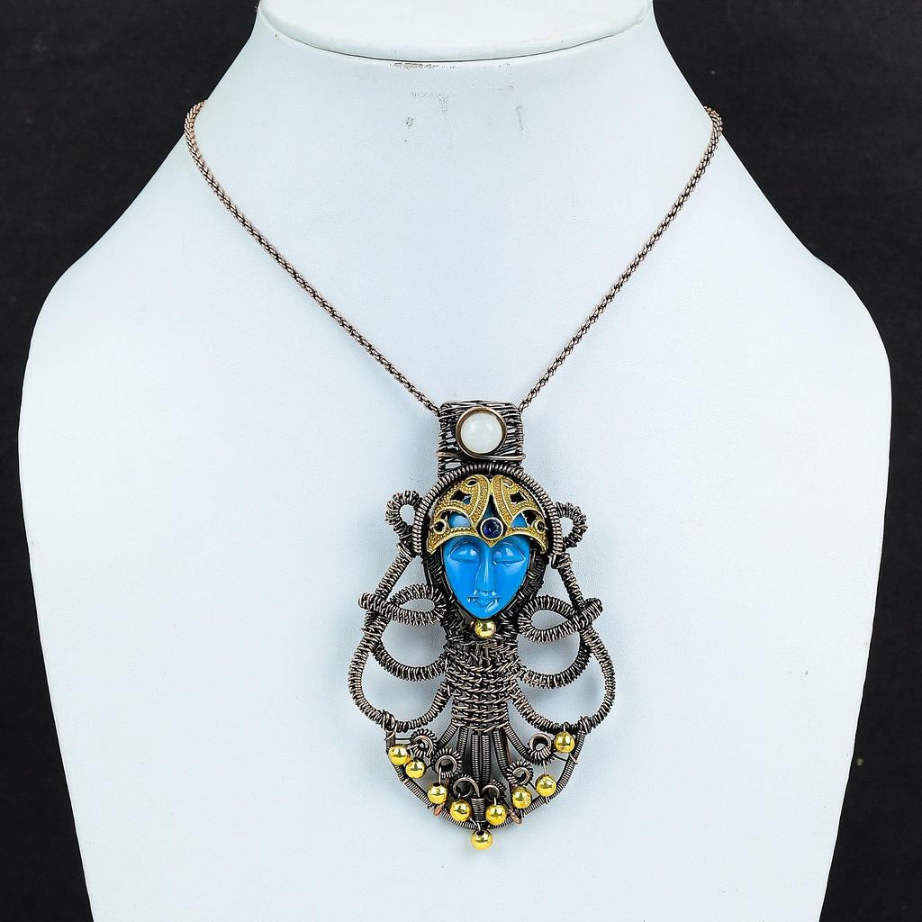 Резные украшения с синим лицом и лунным камнем, кулон, обернутый медной проволокой 999 пробы, украшения из драгоценных камней ручной работы, подарки для жены, совершенно новый кулон