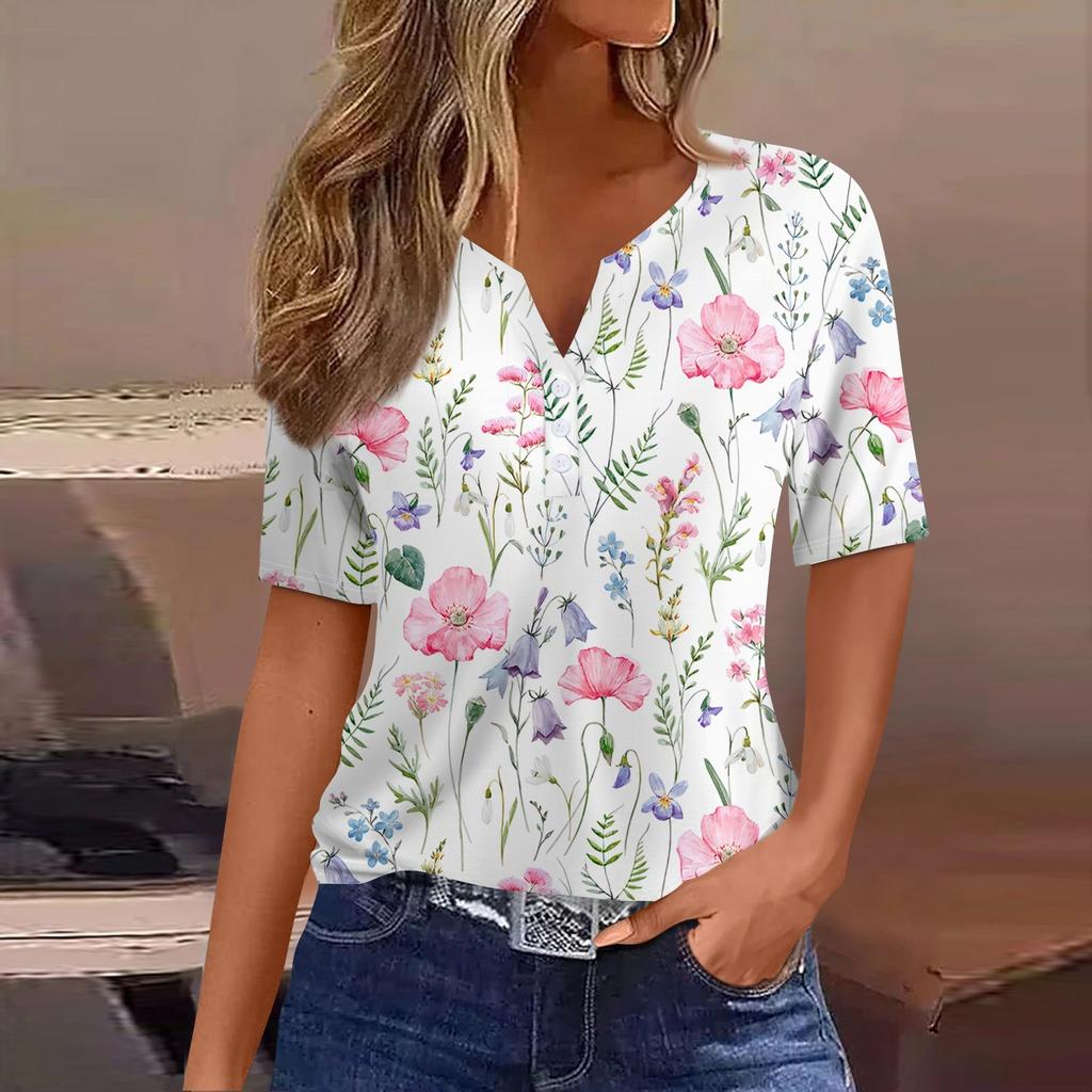 Жен. Футболка Футболка С принтом Пуговицы С короткими рукавами Повседневные Выходные Мода Классический V-образный вырез Обычный Верх