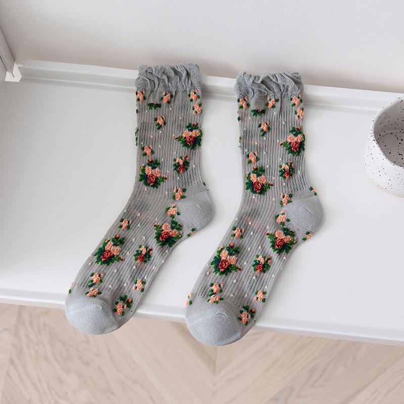 Harajuku Ретро женские носки винтажные этнические цветочные принты японские милые носки Kawaii женские летние сетчатые тонкие шелковые кружевные носки с рюшами