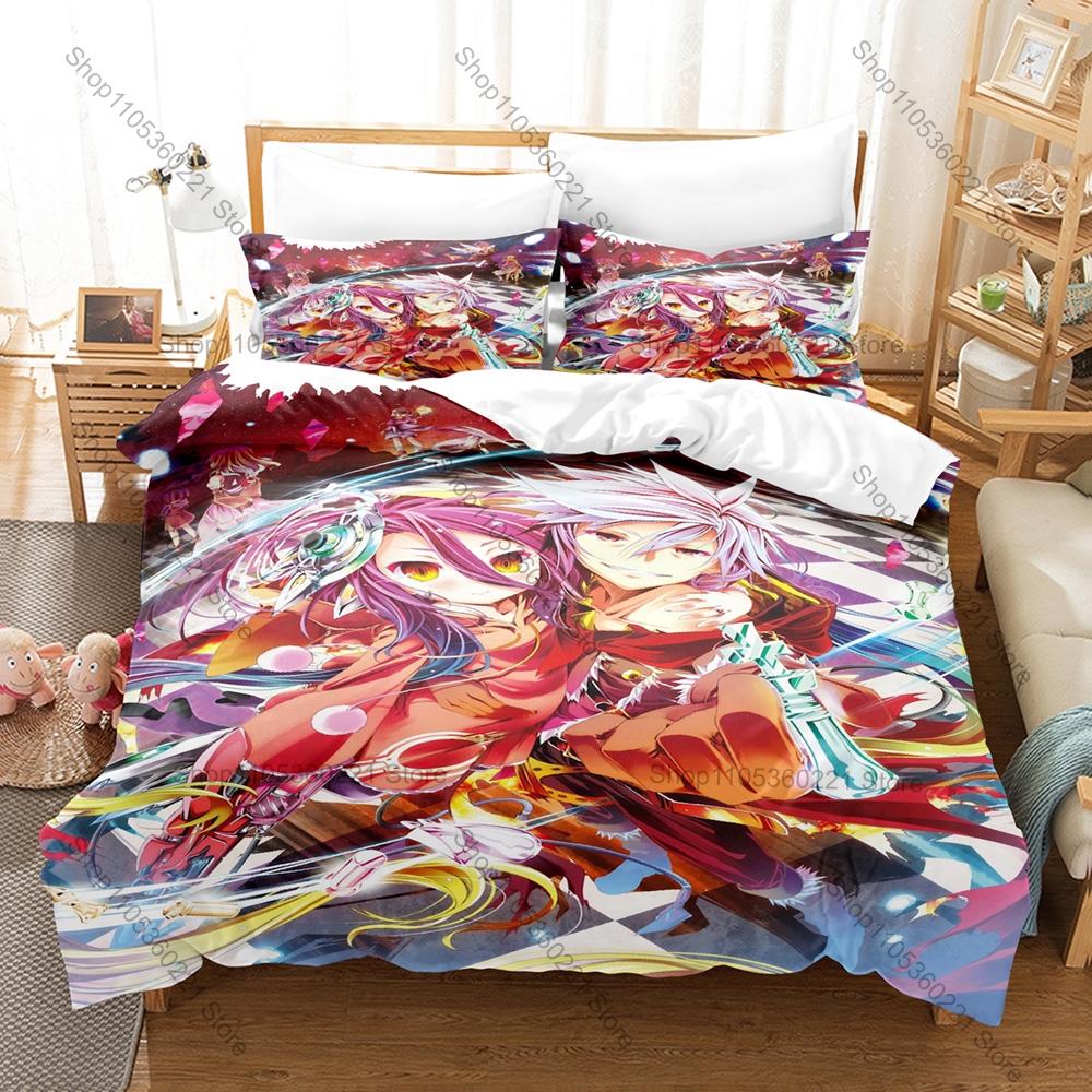 No Game No Life Duvet Cover + 2 Pillowcases, Classic Fantasy Anime Print Bedding Set Soft Fabric Decor Gift for Anime & Game