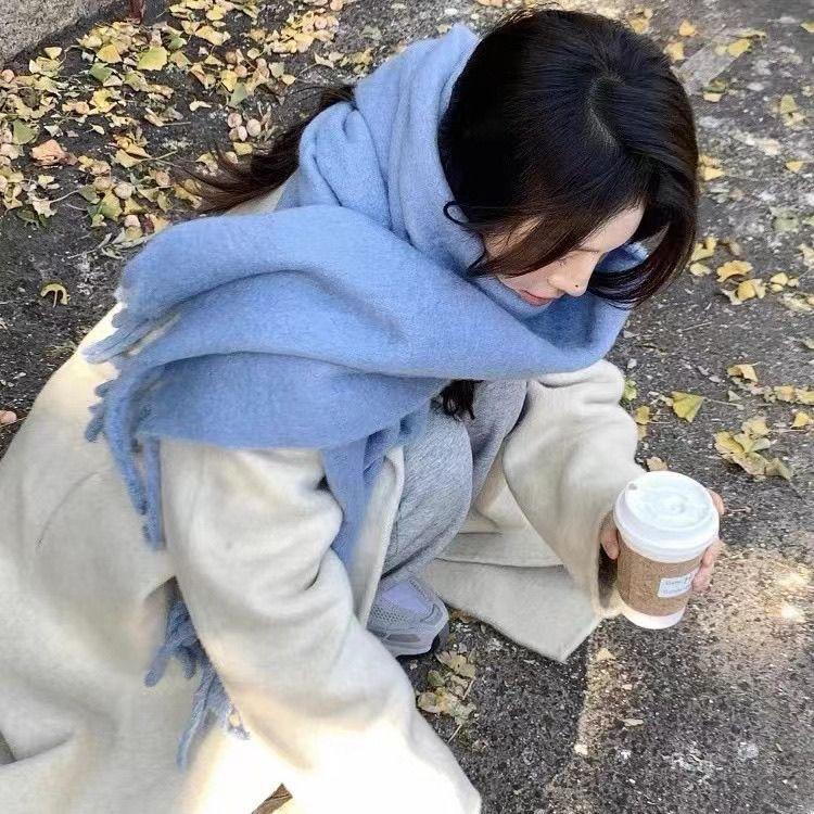 Haze blue mohair fleece scarf women's solid color autumn and winter warm soft enlarged thickened scarf scarf