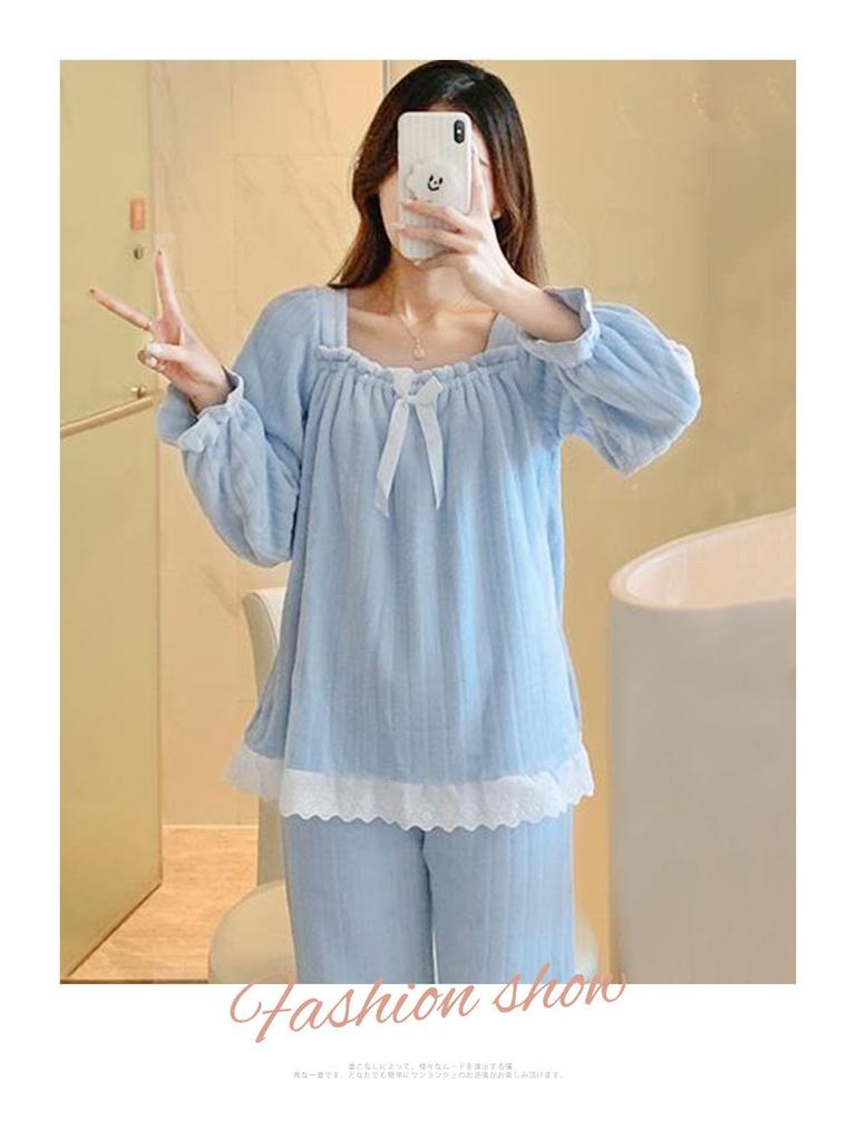 Xppe Pajama Square Neck with Flannel Warm Long Round Long Elastic Loose Perfect for and Winter Women's Set, Ribbon, Lace, Loungewear, Sleeves, Neck,