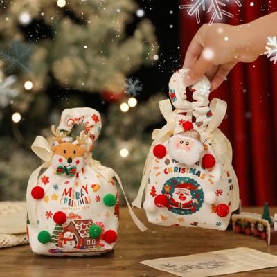 Рождественский подарочный мешок с кулиской, многоразовый мешок для конфет для угощений, печенья, сладостей, мешок для хранения фруктов на канун Рождества с куклой Санты, снеговика, оленя