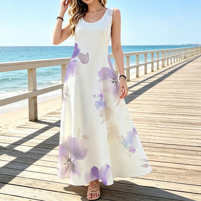 Sleeveless Maxi Dress,Women U Neck Sundress,Lavender Watercolor Flower Print,Relax A Line Cut,Summer Holiday Outfit,Lightweight Long Beach Gown