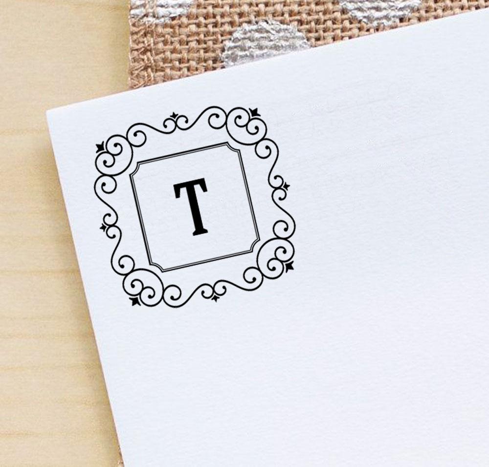 Printtoo Alphabet T Monogram Initial Square Swirl Border Self Inking Rubber Stamp Office