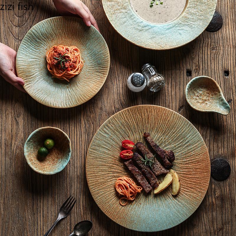 Винтажная креативная керамическая тарелка для обеда, десертная тарелка, тарелка для закусок, тарелки для сашими, суши, стейков, фирменная посуда для ресторана