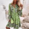 Women‘s V Neck Long Sleeve A-Line Mini Dress Floral Print High Waist Casual Gown