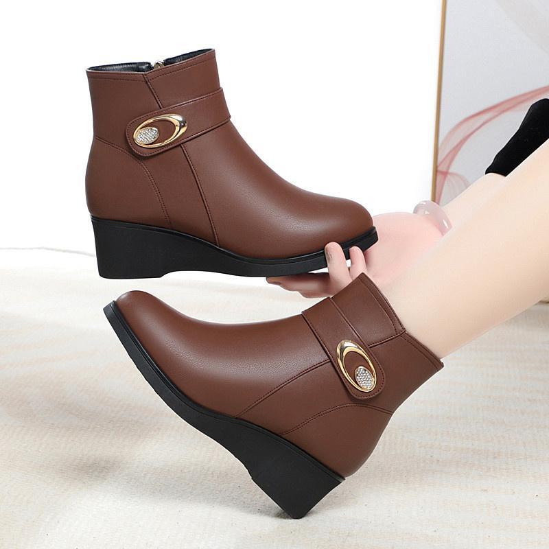 Мягкая кожа Женские туфли с круглым носком на молнии Противоскользящие Хлопковые туфли Мама Зима Шерстяной мех Клинья Толстая подошва Теплые Снежные ботинки